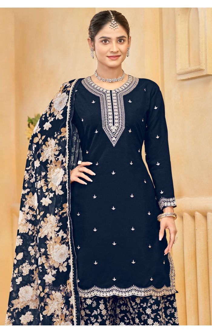 Buy Blue Roman Silk Embroidered Palazzo Suit with Dupatta – Festive Wear Online - SALV5700 | Appelle Fashion 
