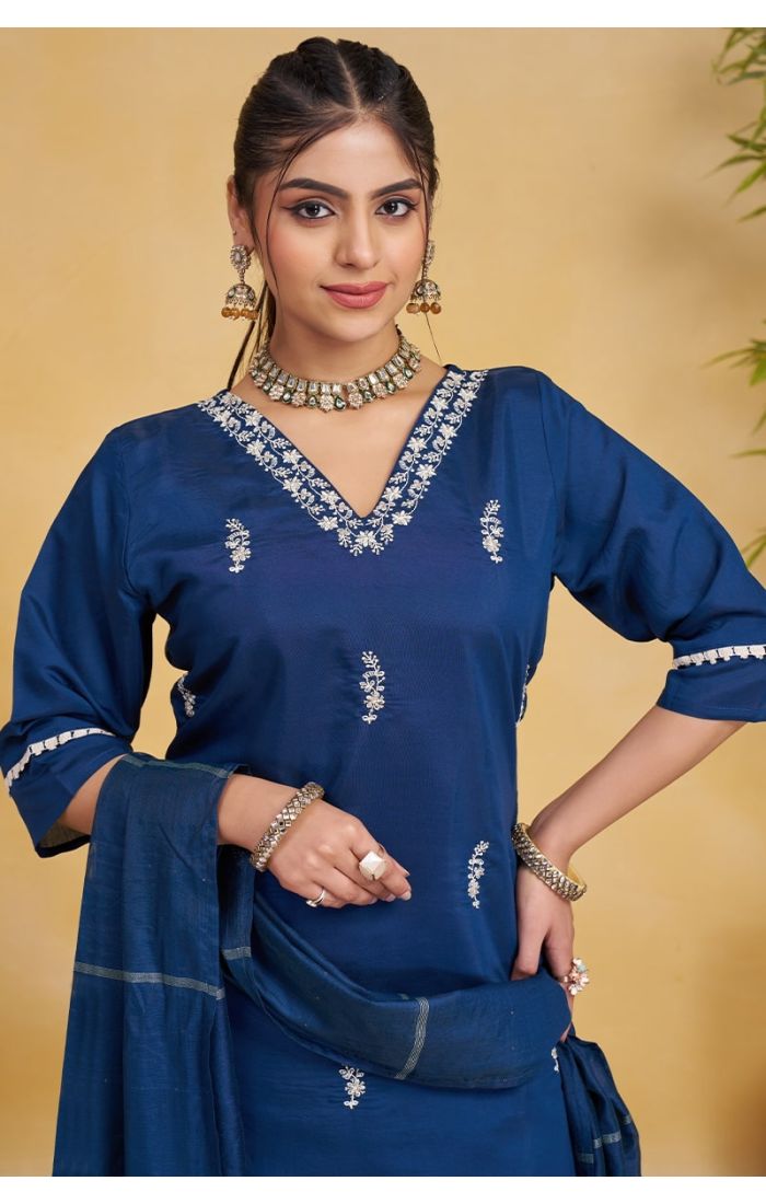 Blue Roman Silk Salwar Suit with Chanderi Dupatta for Weddings & Festivals