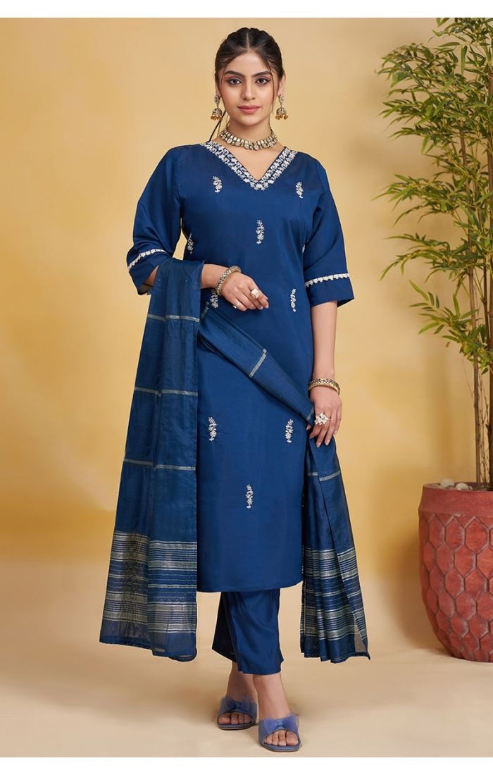 Blue Roman Silk Salwar Suit with Chanderi Dupatta for Weddings & Festivals