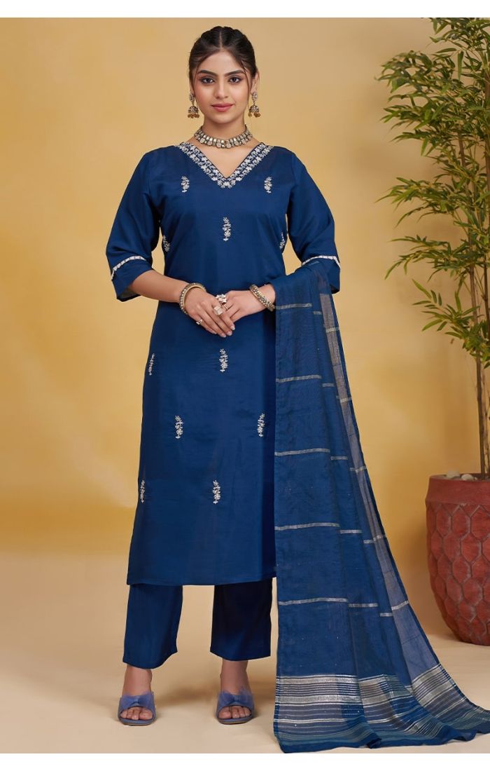 Blue Roman Silk Salwar Suit with Chanderi Dupatta for Weddings & Festivals