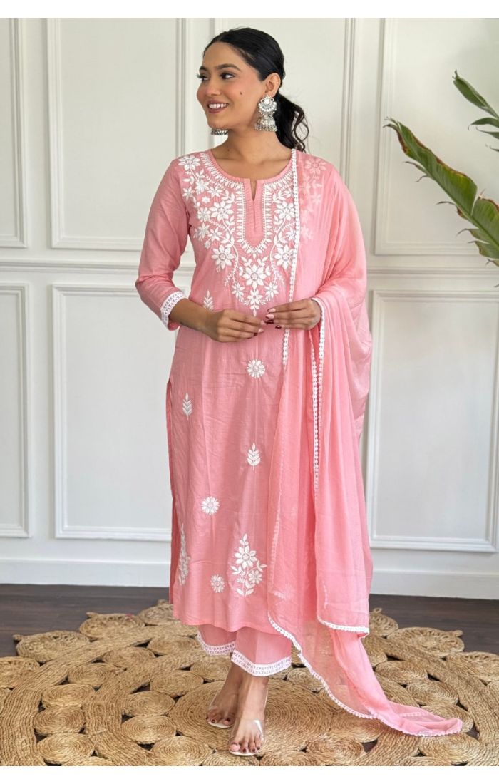  Blush Pink Cotton Chikankari Salwar Suit with Nazmin Dupatta – Wedding & Festive Wear