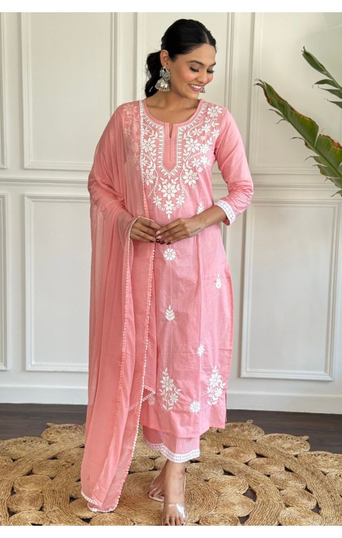  Blush Pink Cotton Chikankari Salwar Suit with Nazmin Dupatta – Wedding & Festive Wear