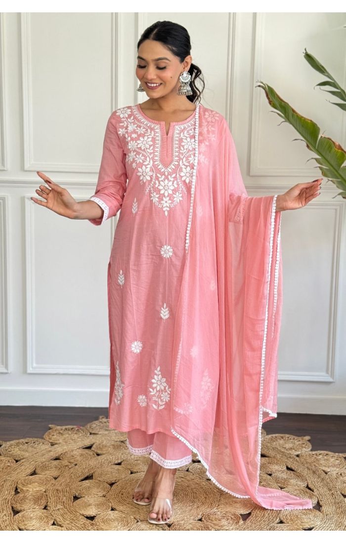  Blush Pink Cotton Chikankari Salwar Suit with Nazmin Dupatta – Wedding & Festive Wear