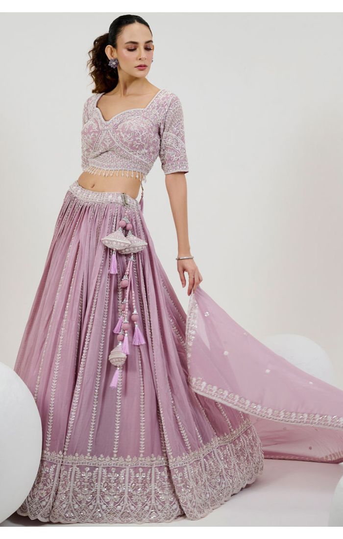 Shop Blush Pink Embroidered Bridal Lehenga with Sequins and Tassels Online in UK - LEHV3888