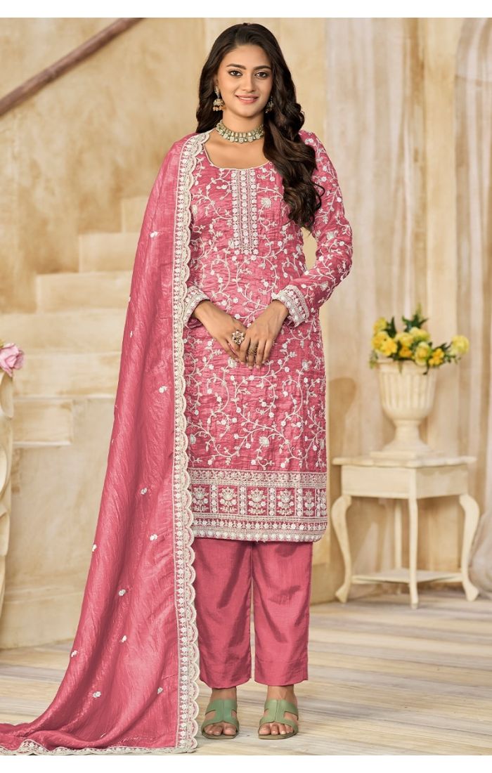 Front view of Blush Pink Crush Organza Salwar Suit with dupatta