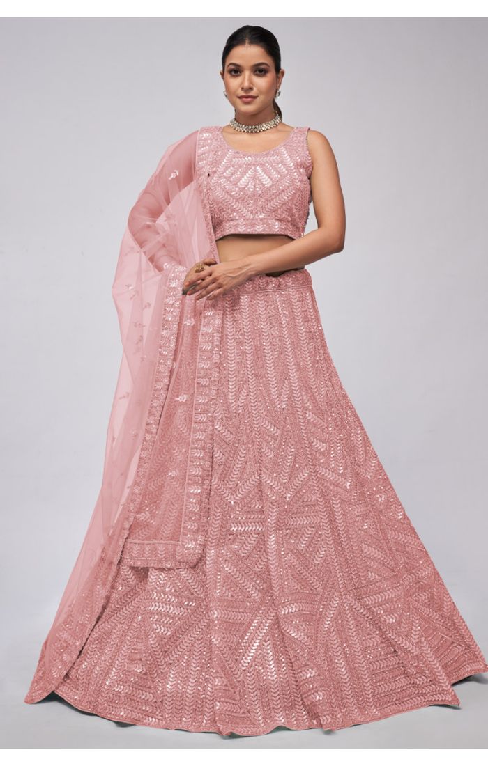 Blush Pink Sequin Georgette Partywear Lehenga with intricate embroidery and matching dupatta.