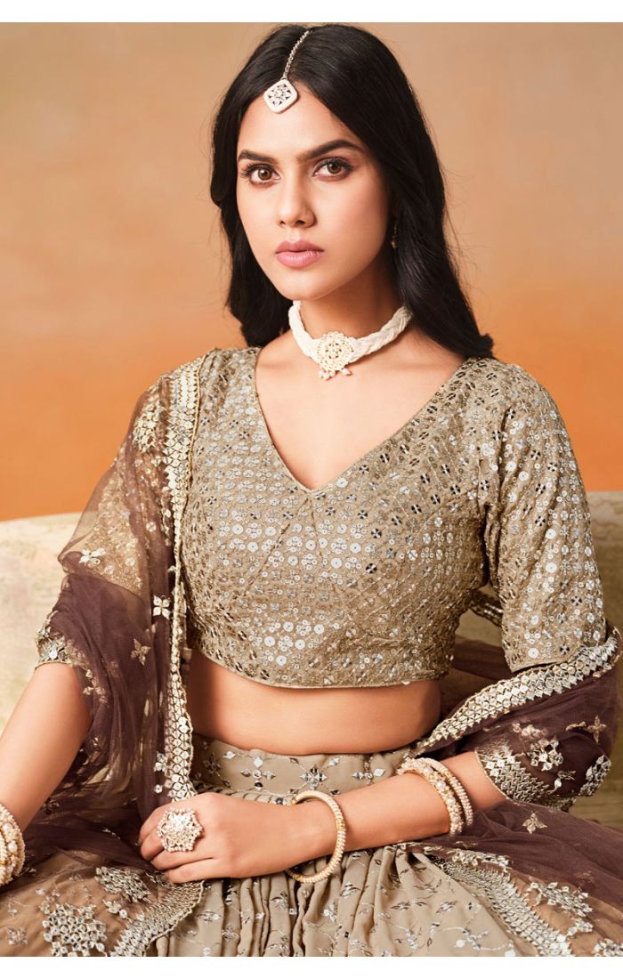 Brown Bridal Lehenga Close-Up with Embroidery – LEHV4045