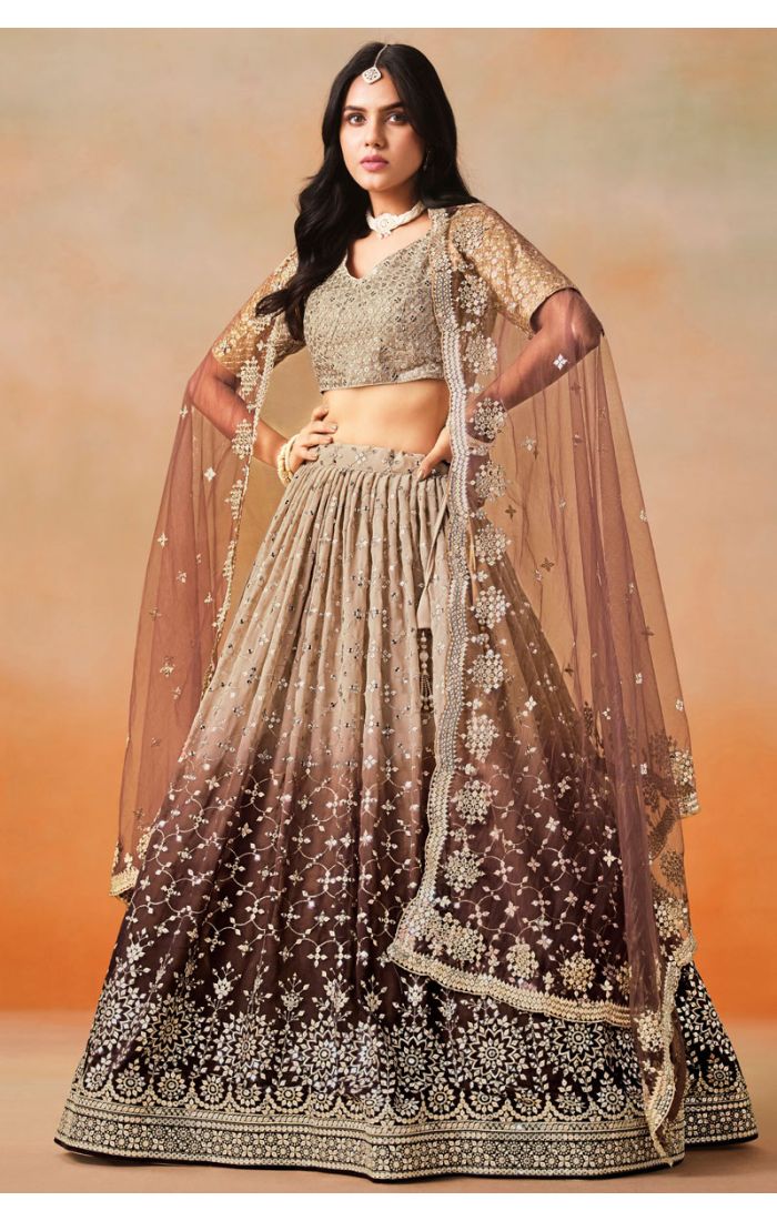 Full-Length View of Brown Georgette Lehenga with Net Dupatta