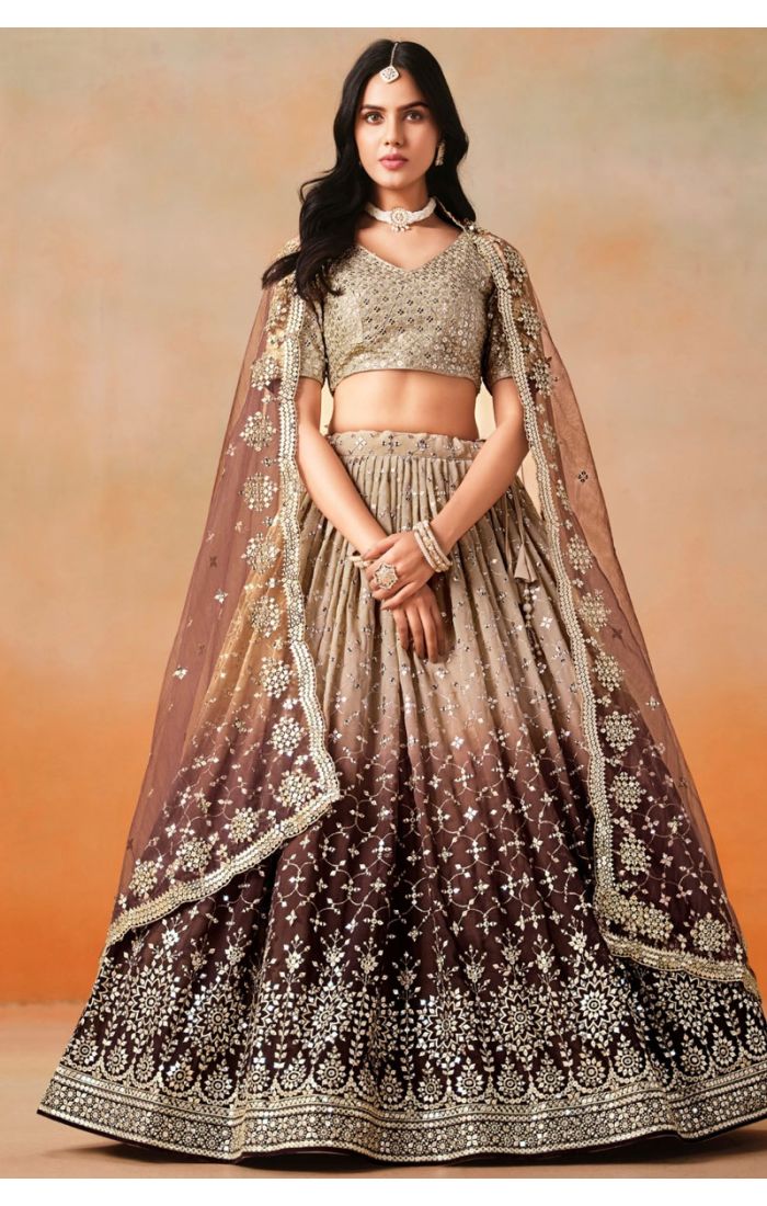 Full-Length View of Brown Georgette Lehenga with Net Dupatta
