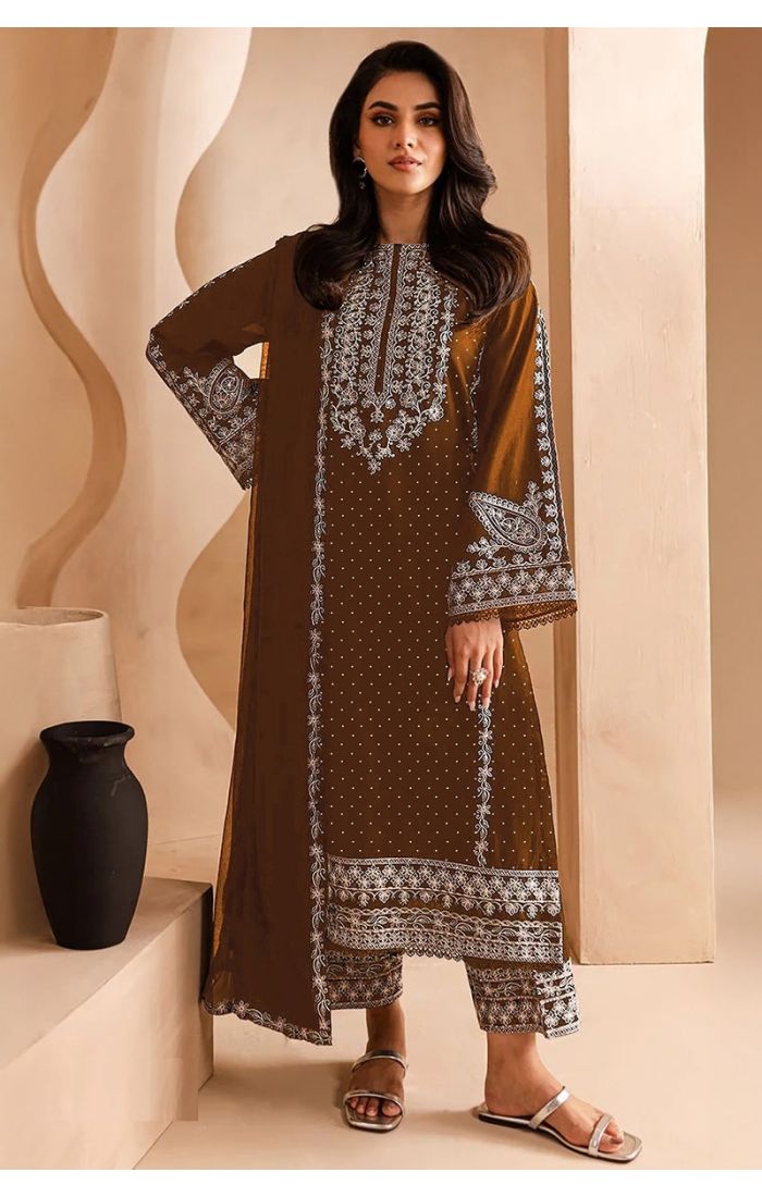 Brown Georgette Embroidered Straight Salwar Suit - Wedding & Festive Wear