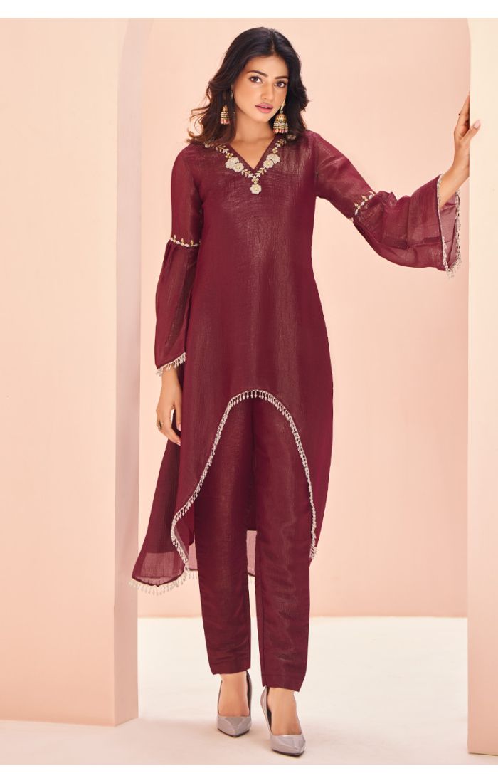 Burgundy Embellished Kurti with Flared Sleeves - Eid Outfit