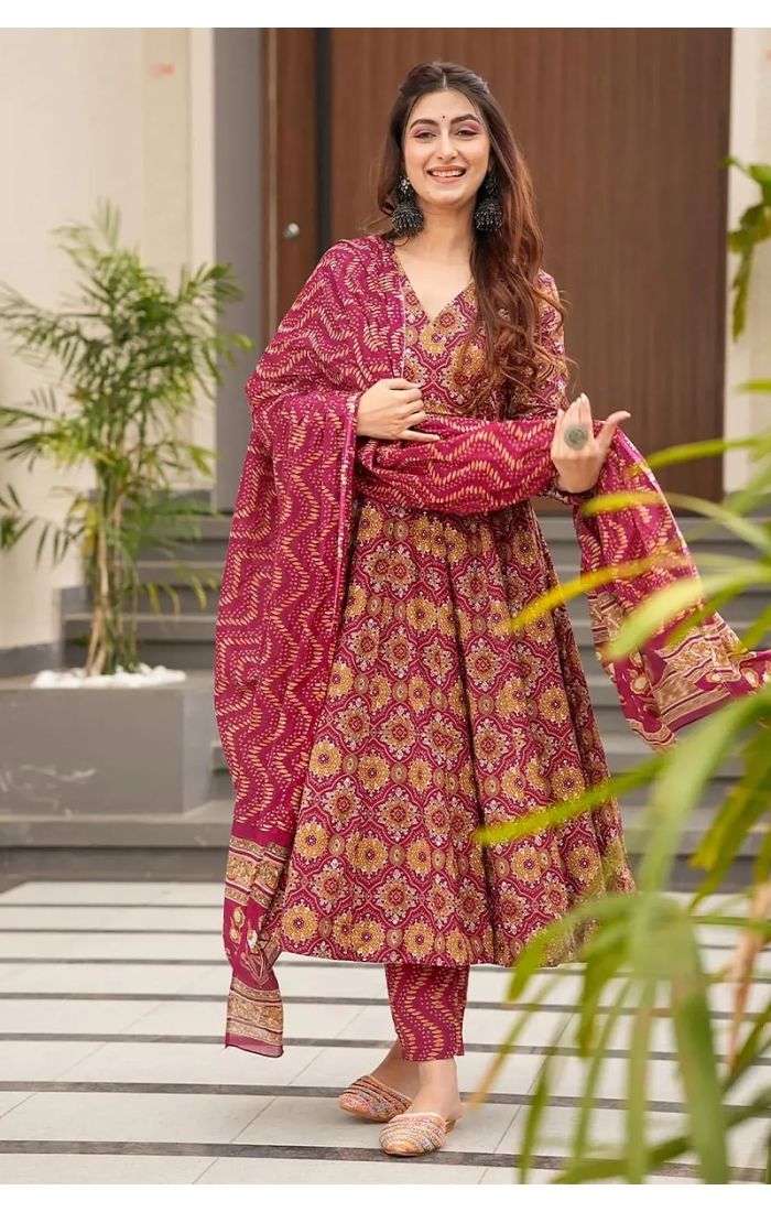 Burgundy Boho Print Flared Kurta Set with Dupatta | Festive & Wedding Ethnic Wear for Women