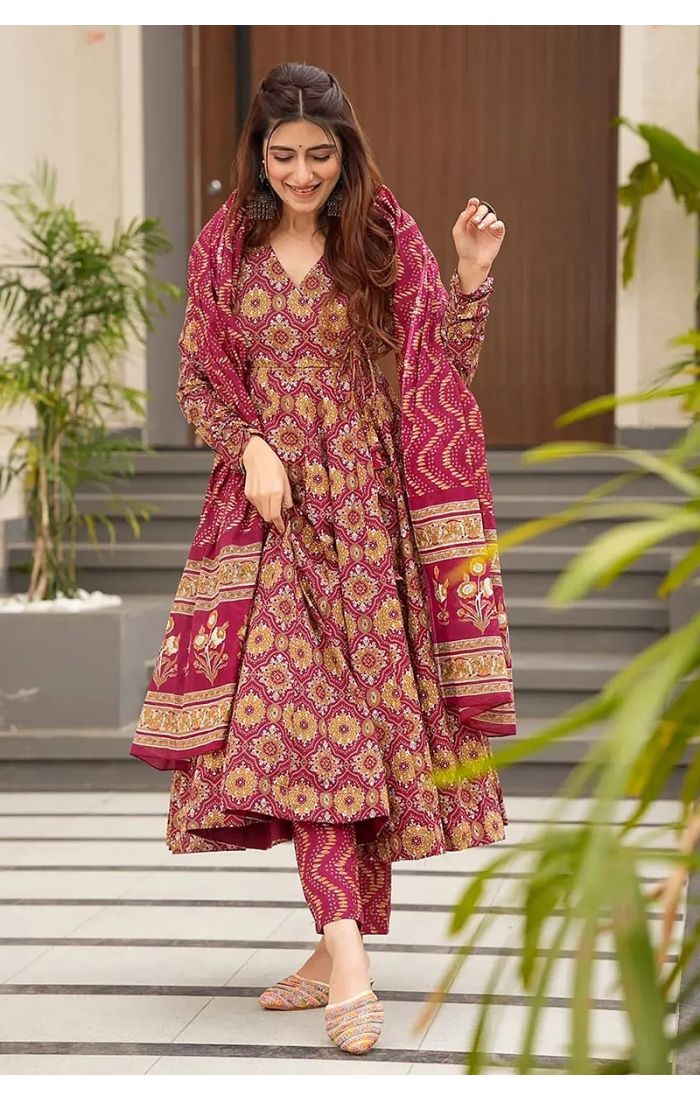 Burgundy Boho Print Flared Kurta Set with Dupatta | Festive & Wedding Ethnic Wear for Women