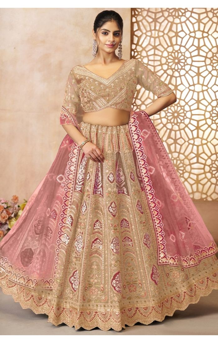 Champagne bridal lehenga with pink dupatta in aari embroidery and Banarasi patchwork