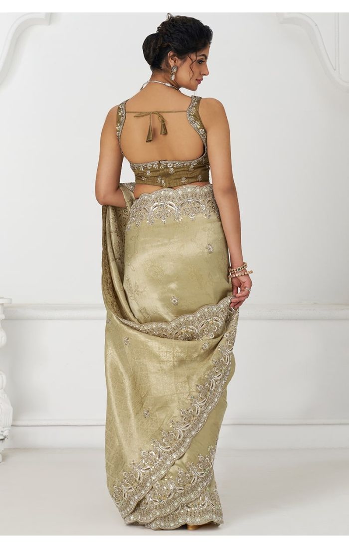 Back Design of Champagne Pure Silk Saree with Embroidered Blouse – Traditional Wear