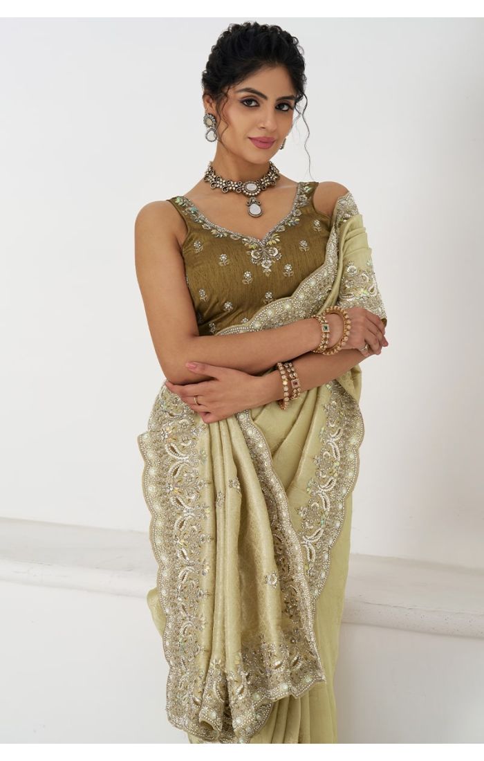 Close-up of Sequin and Bead Embroidery Work on Champagne Dola Silk Saree