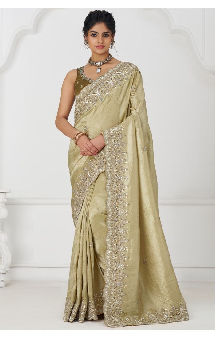 Champagne Dola Silk Saree with Sequin and Bead Embroidery Front View – Festival Collection
