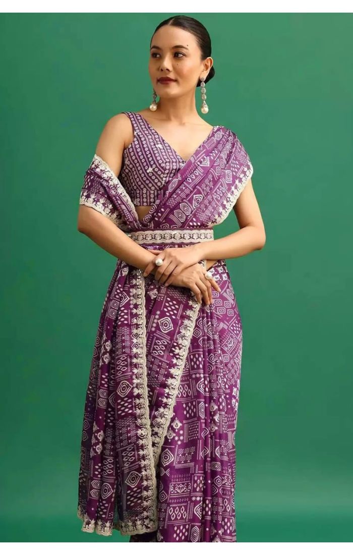 Chinnon Silk Purple Bandhani Embroidered Saree with Belt for Festive & Wedding Wear