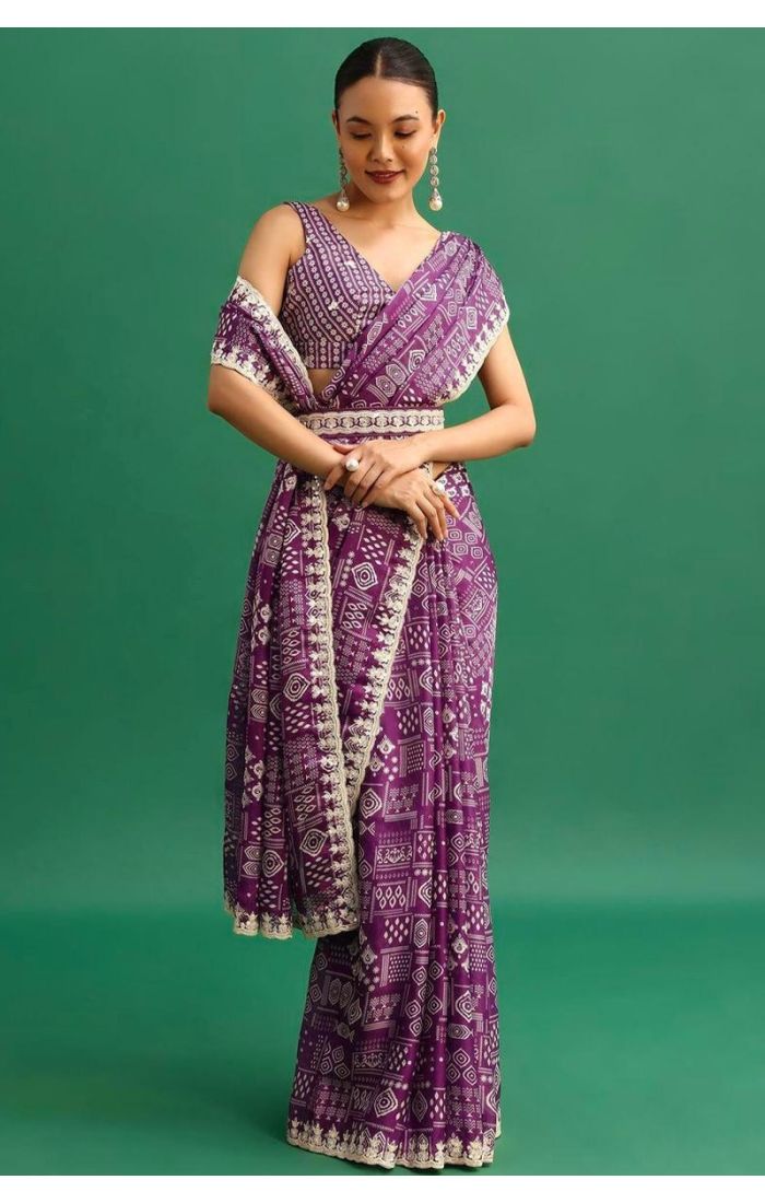 Chinnon Silk Purple Bandhani Embroidered Saree with Belt for Festive & Wedding Wear