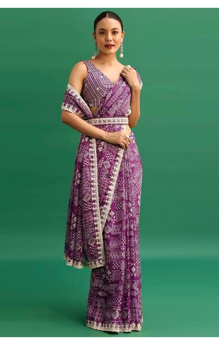 Chinnon Silk Purple Bandhani Embroidered Saree with Belt for Festive & Wedding Wear