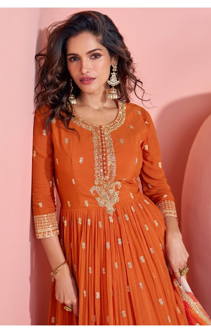 Chinon Orange Embroidered Anarkali Suit with Floral Printed Dupatta for Festive and Wedding Wear