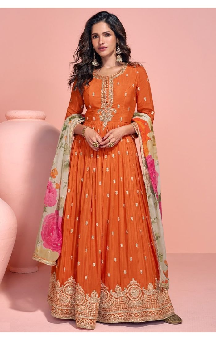 Chinon Orange Embroidered Anarkali Suit with Floral Printed Dupatta for Festive and Wedding Wear