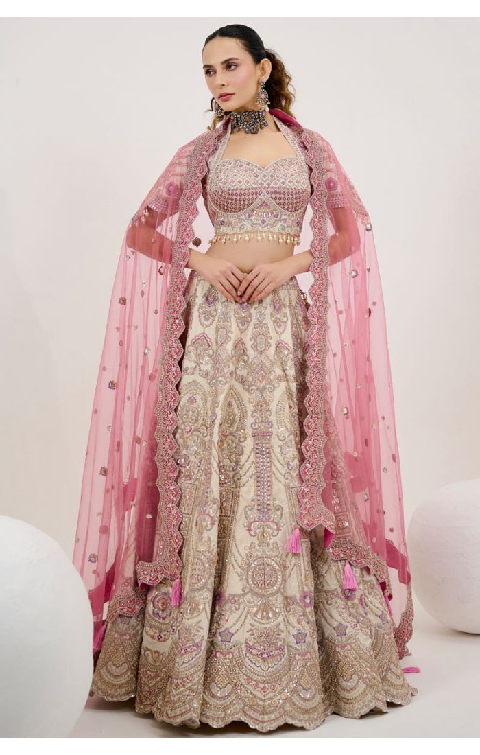 Cream Bridal Lehenga with Zari and Sequin Embroidery - LEHV3875