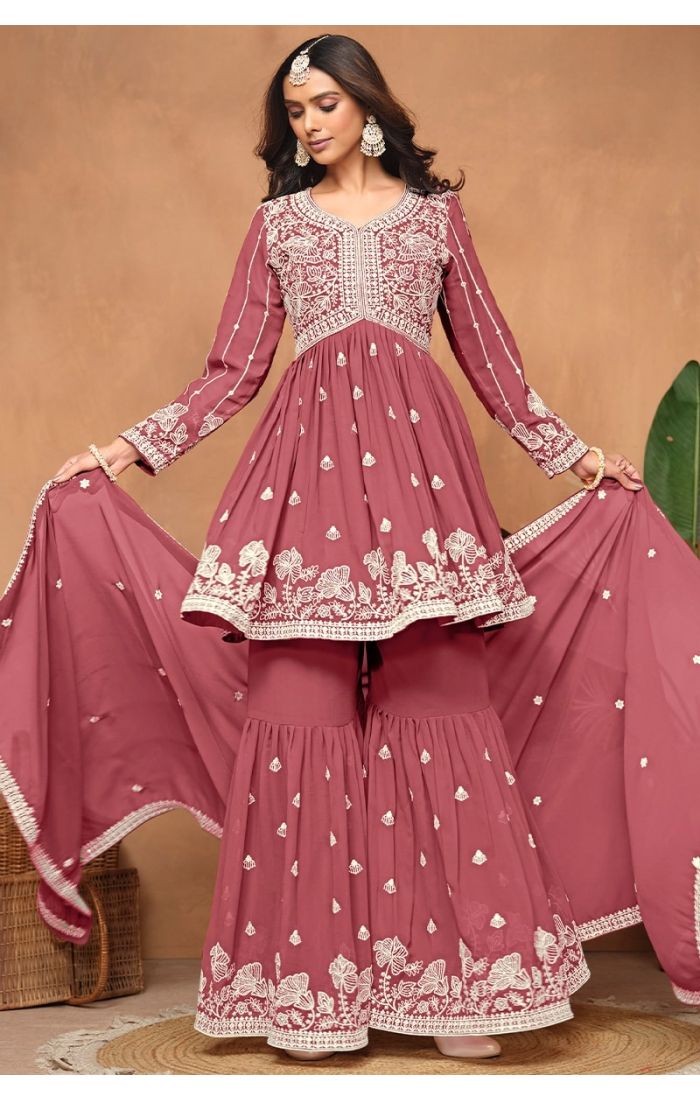  Complete look with embroidered dupatta and sharara pants.