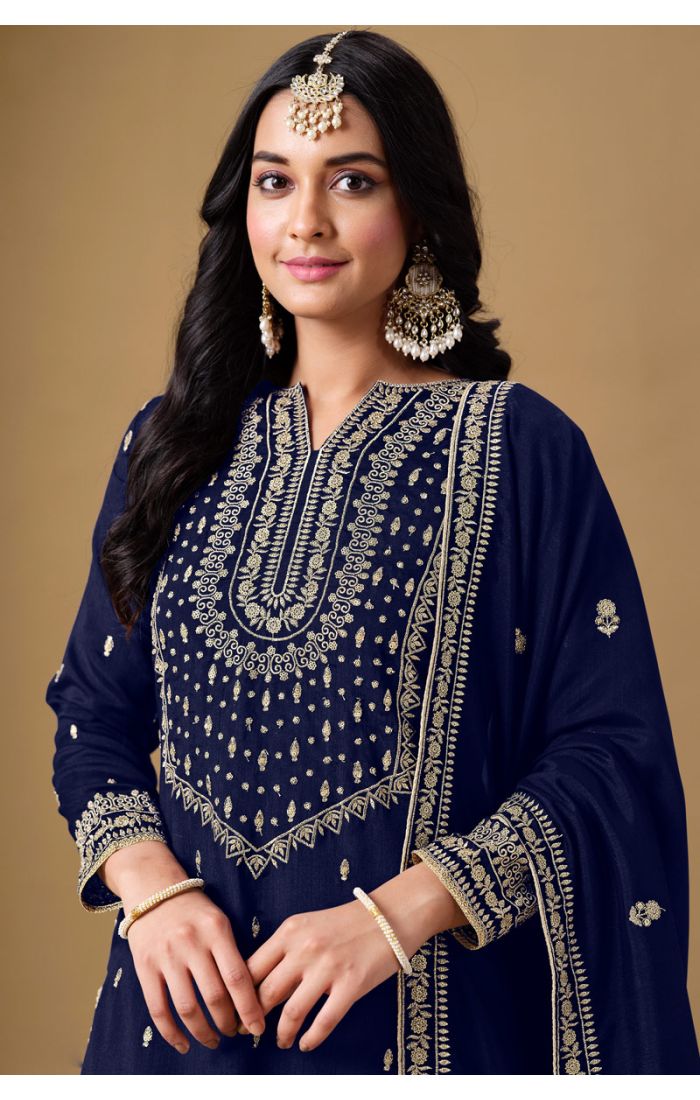 Close-up of kurta embroidery and neckline design in Dark Blue Art Silk Suit