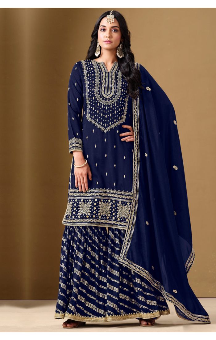 Front full view of Dark Blue Embroidered Sharara Suit SALV5733