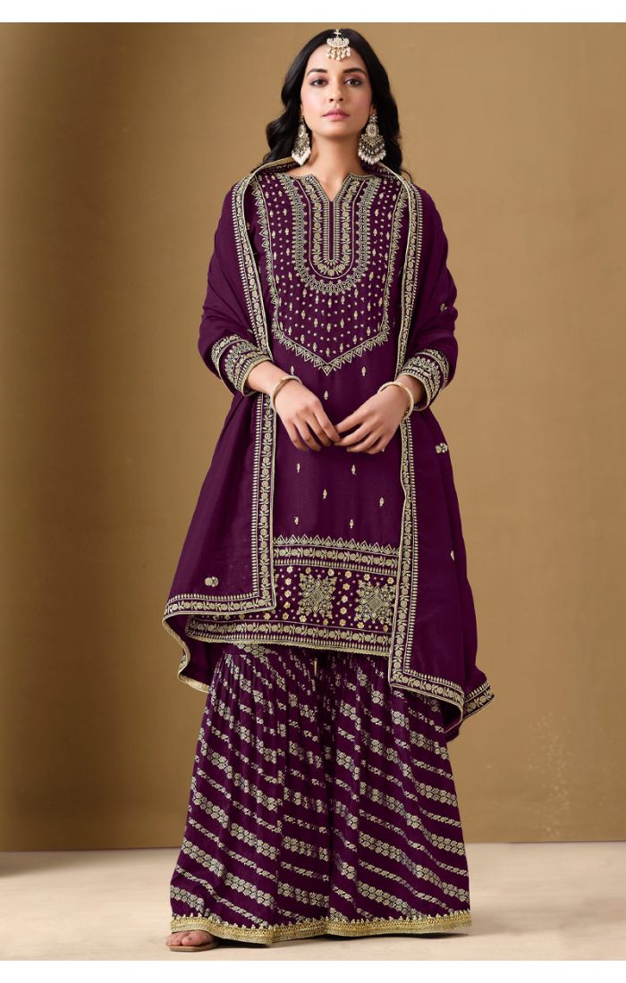 Front view of Dark Purple Art Silk Sharara Suit with embroidery - SALV5731