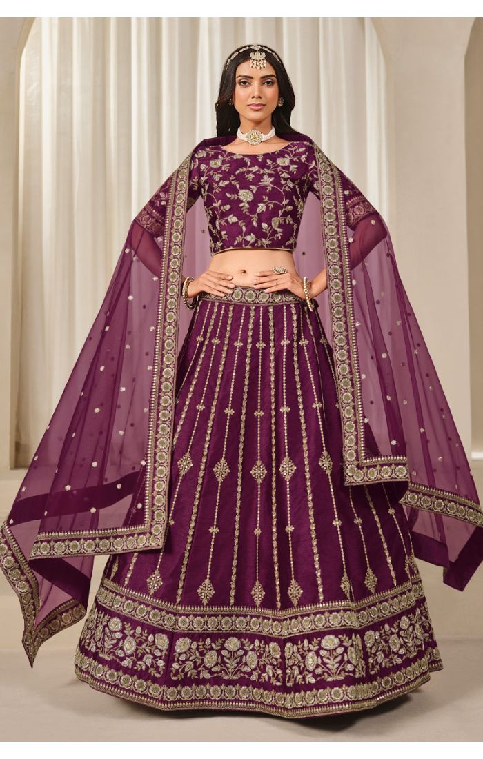 Deep Plum Art Silk Blouse with Floral Embroidery – LEHV4058