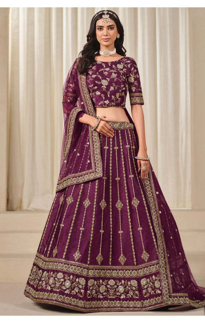 Deep Plum Lehenga Choli with Net Dupatta and Heavy Zari Embroidery – LEHV4058