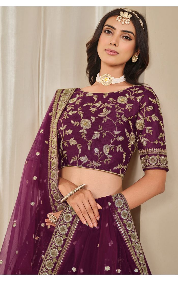 Designer Plum Lehenga Skirt with Embroidered Panels – LEHV4058