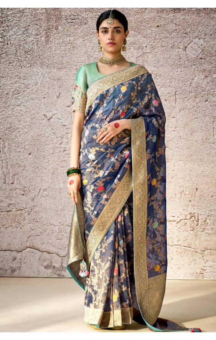 Designer Navy Blue Banarasi Silk Saree with Green Embroidered Blouse - Perfect for Weddings and Festive Celebrations