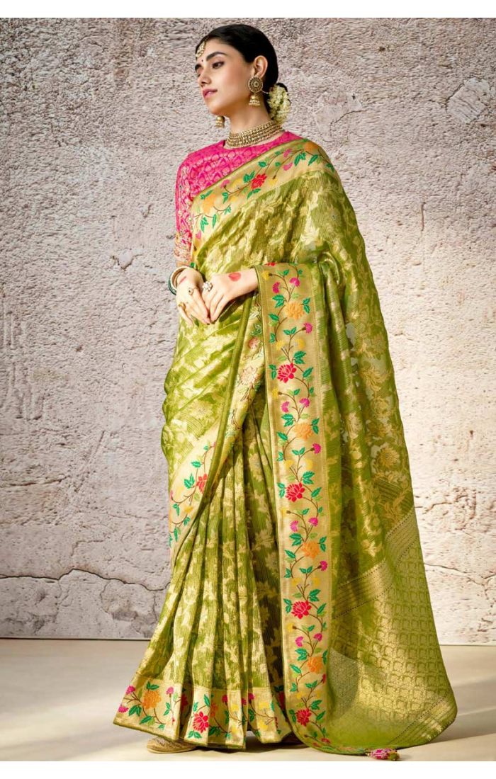 Designer Olive Green Banarasi Silk Saree with Intricate Floral Embroidery - Perfect for Weddings and Festive Celebrations