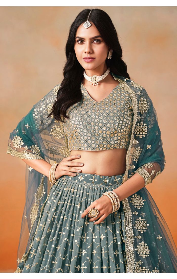 Dove Blue Bridal Lehenga Close-Up with Zari Work – LEHV4037-1