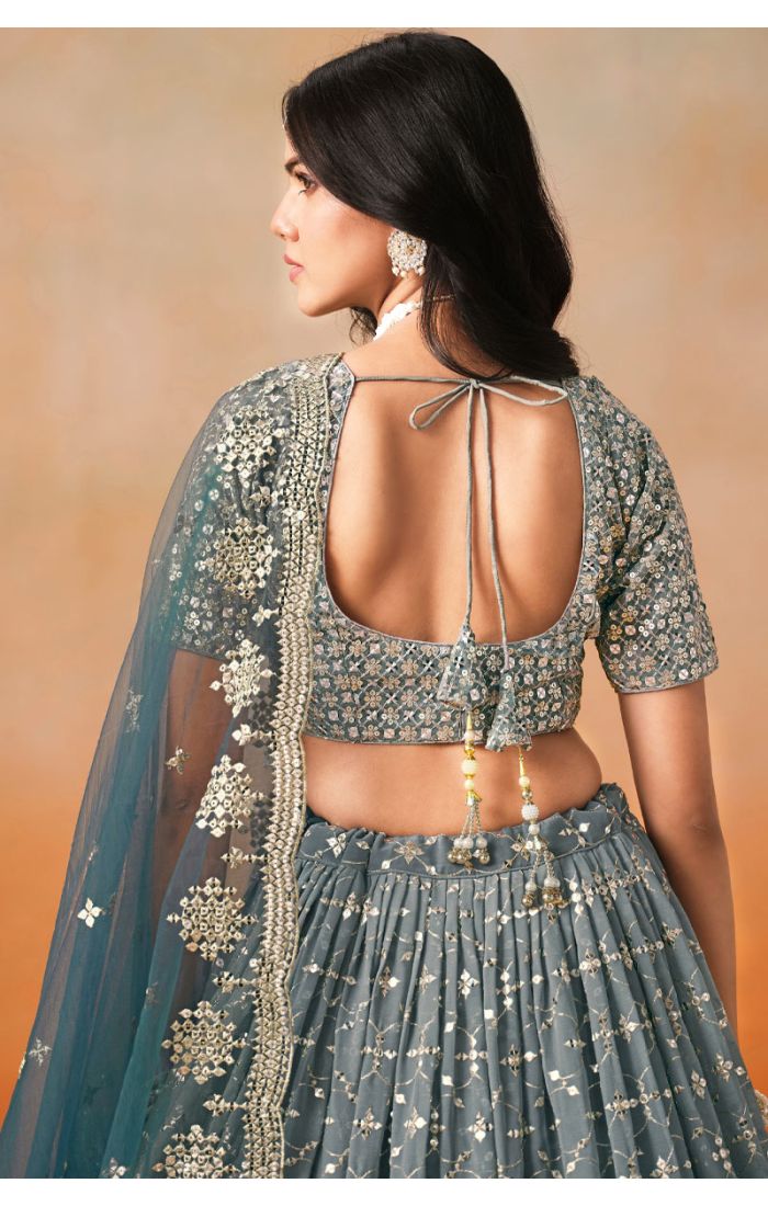 Dove Blue Bridal Lehenga Back-Shoot with Zari Work – LEHV4037