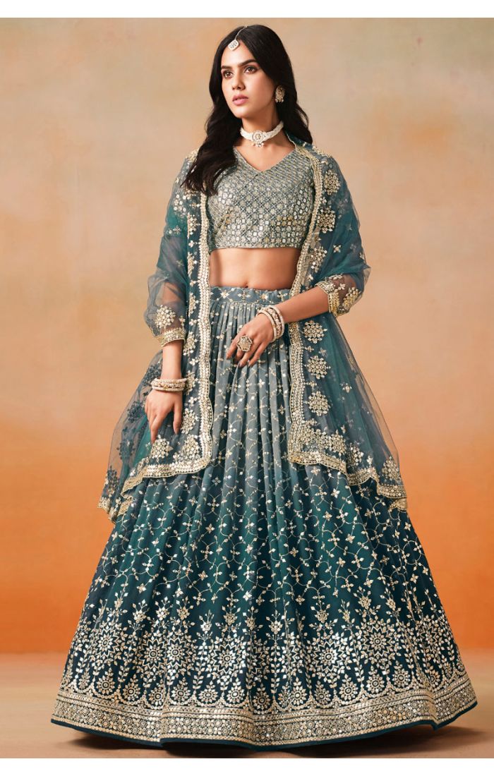 Full View of Dove Blue Georgette Embroidered Lehenga Set
