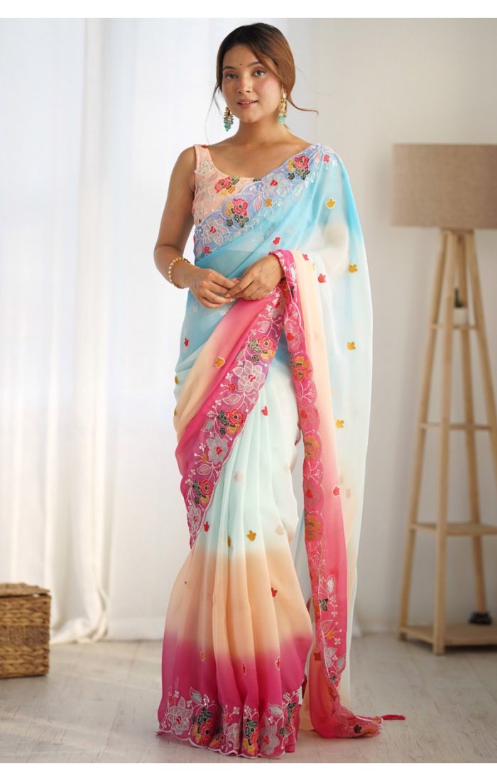 Get Multicolor Ombre Georgette Designer Saree with Floral Embroidery In UK and USA Online - SREV3902