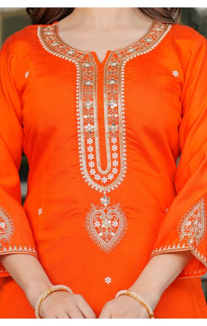 Orange festive embroidered kurta pant set with dupatta – perfect for weddings and cultural celebrations.