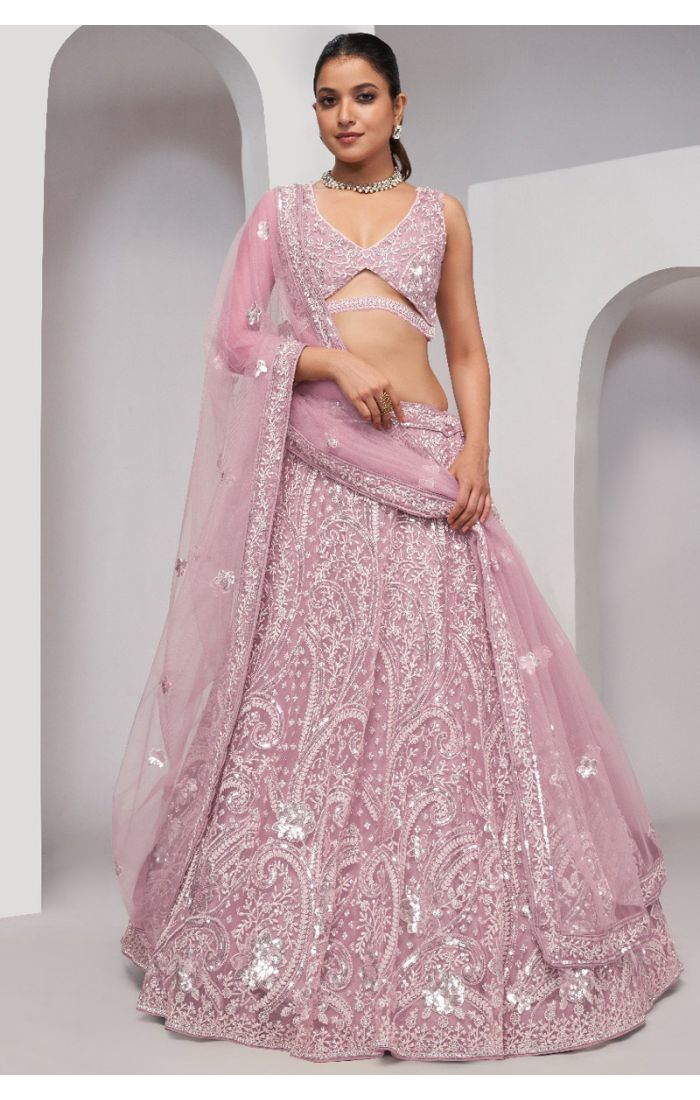 Elegant Pastel Pink Embroidered Bridal Net Lehenga for Women in UK and USA