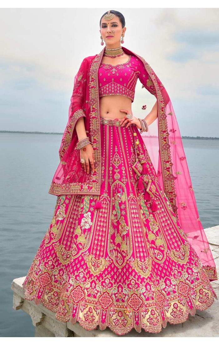 Elegant Pink Bridal Lehenga with Zardosi Embroidery and Peacock Motifs – Perfect for UK and USA Weddings.