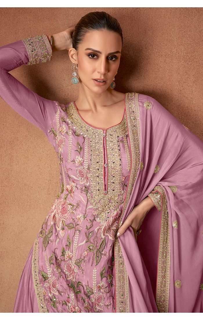 Pink Chinon Silk Embroidered Salwar Suit with Palazzo & Dupatta - Wedding & Festive Wear for Women