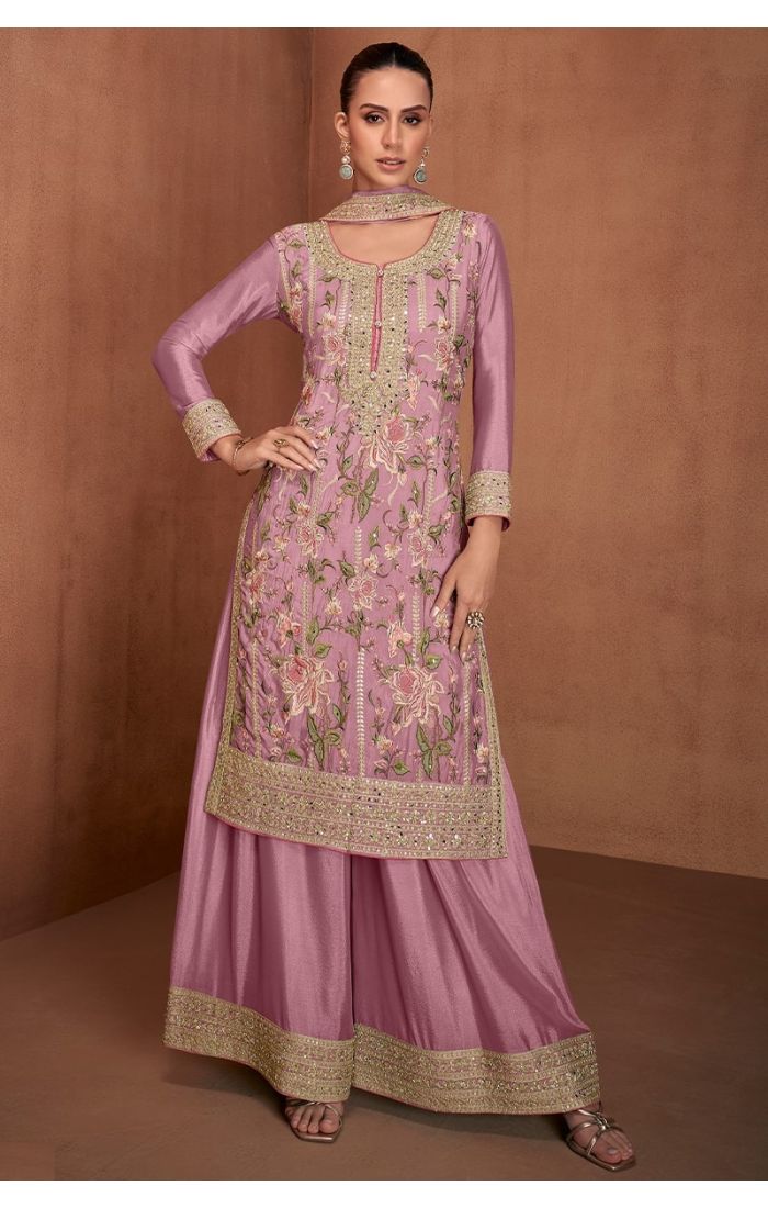 Pink Chinon Silk Embroidered Salwar Suit with Palazzo & Dupatta - Wedding & Festive Wear for Women