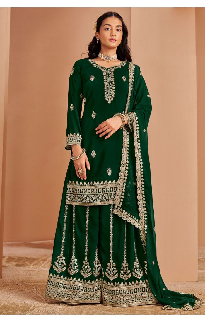 Emerald green V-neck party wear salwar suit with detailed embroidery – full look