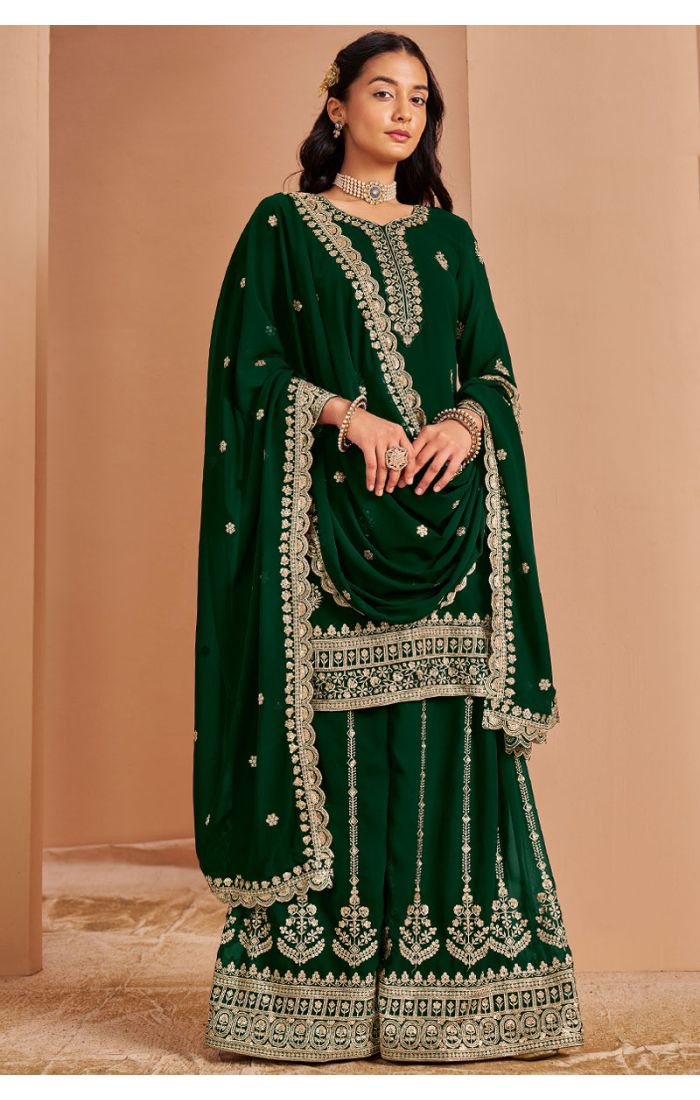 Emerald green georgette embroidered salwar suit with dupatta – front view