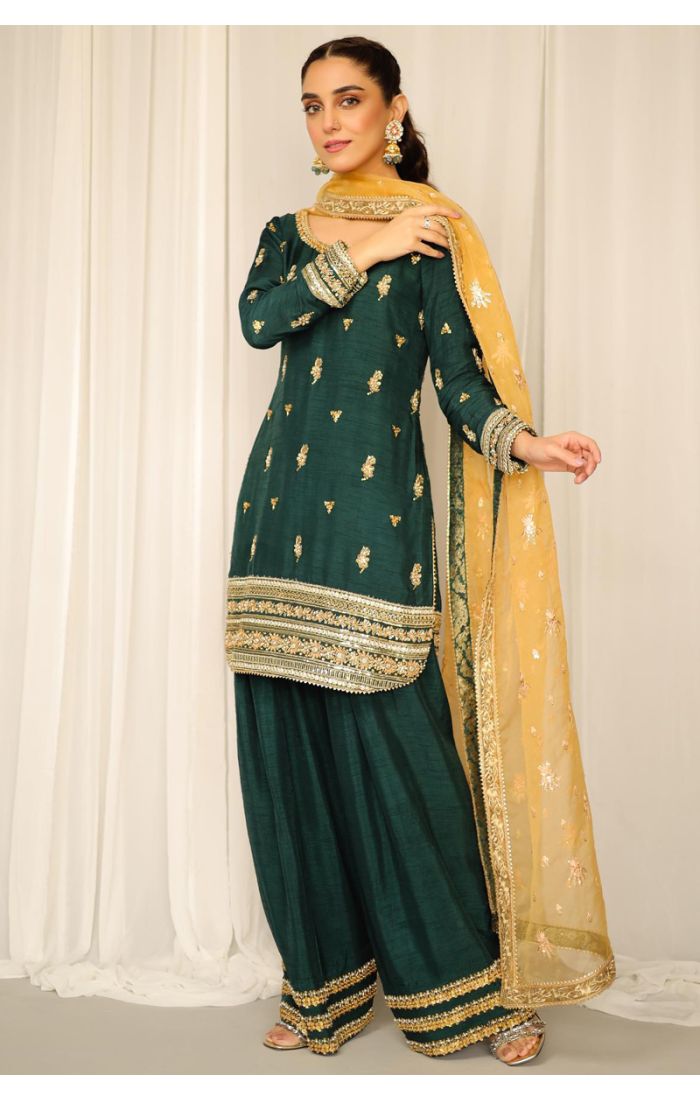 Elegant Emerald Green Sharara Suit with Gold Embroidery for Eid & Weddings