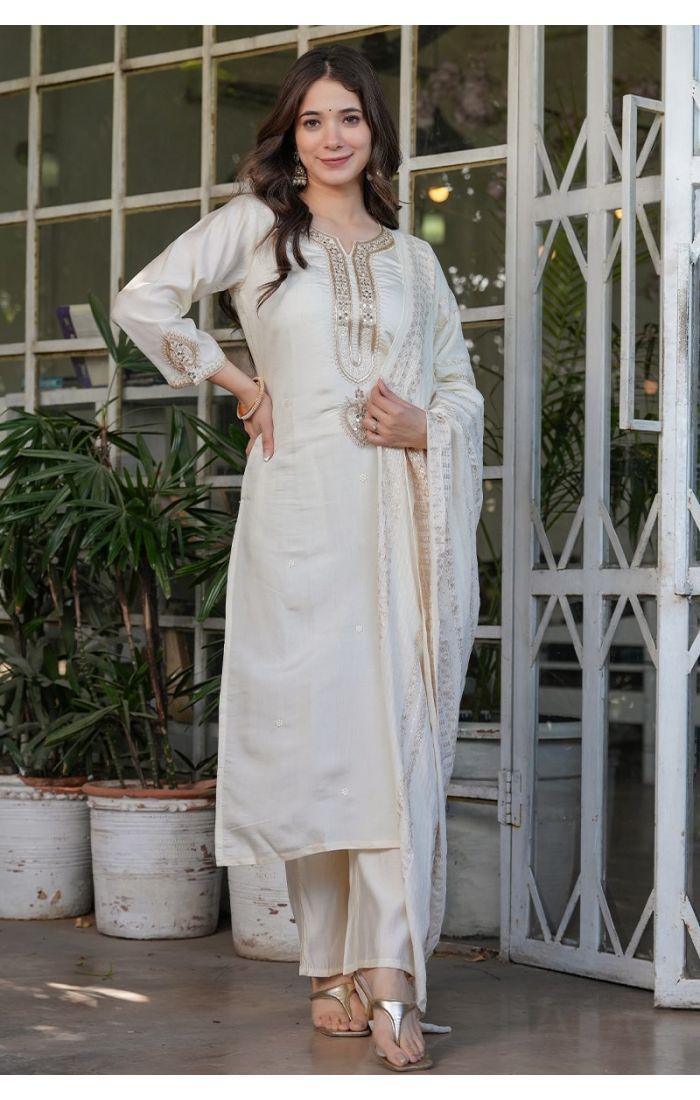 Ivory embroidered kurta pant set with mirror and zari work, perfect for weddings and festive wear in the USA, Canada, UK, Germany, Australia, and Europe.