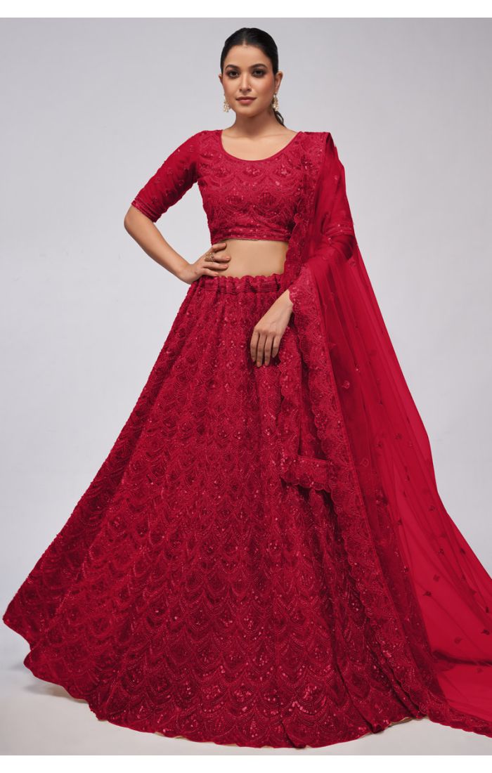 Exquisite Red Net Embroidered Partywear Lehenga for Women